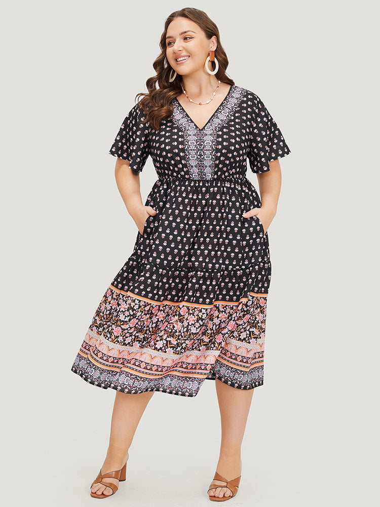 Boho Print Contrast Gathered Pocket Ruffles Dress