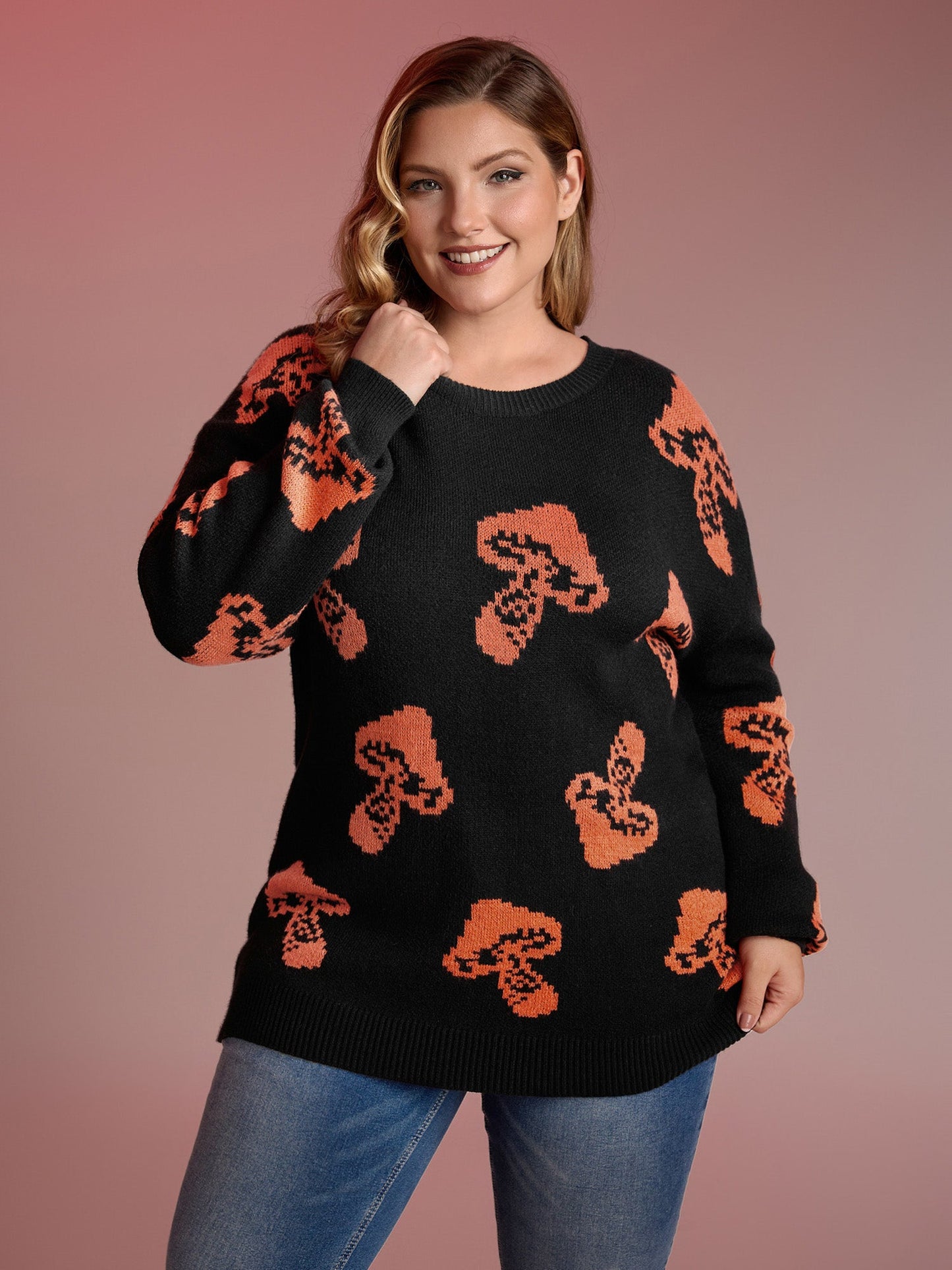 Halloween Mushroom Jacquard Print Pullover