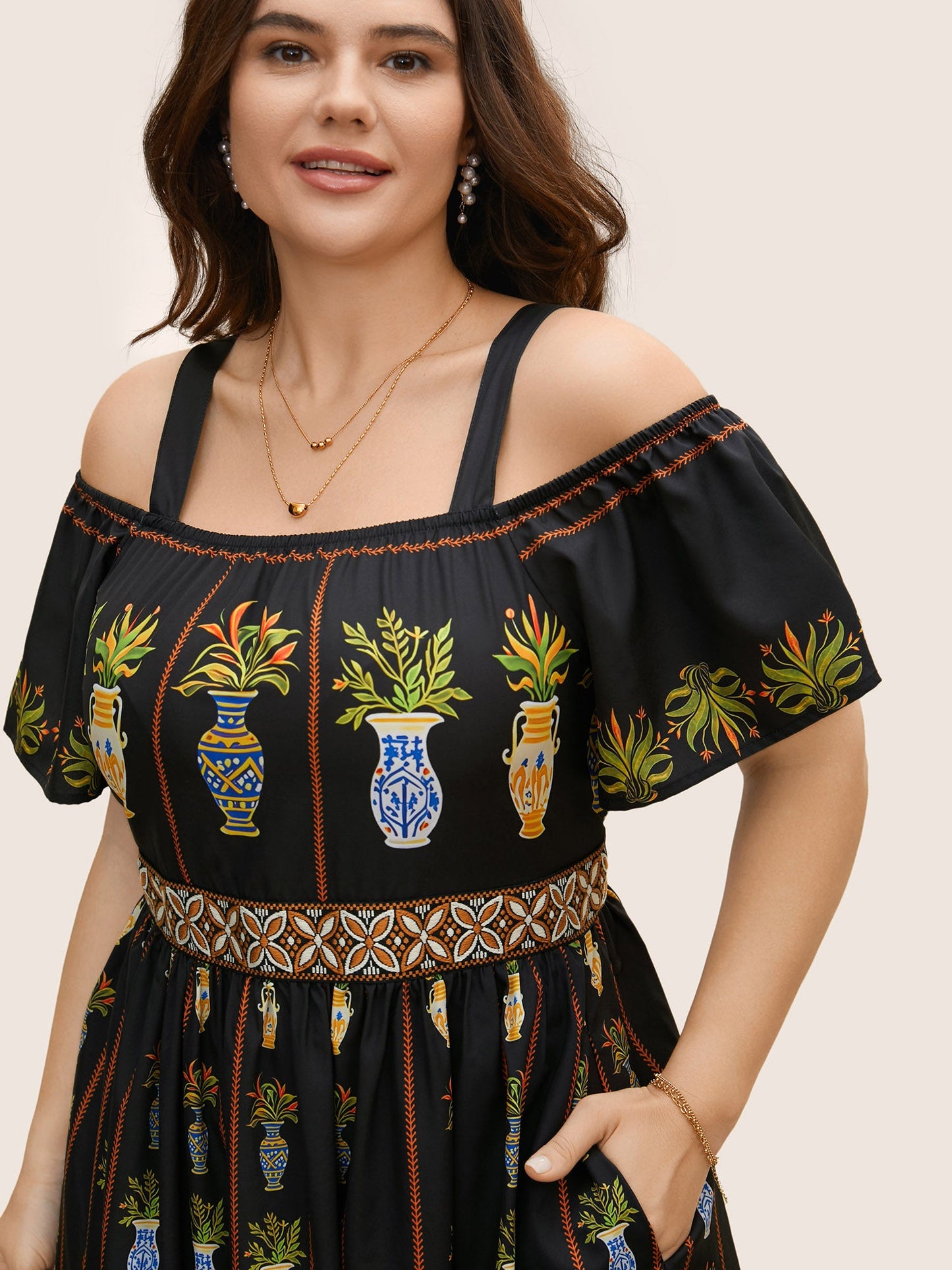 Boho Print Off Shoulder Woven Ribbon Dress
