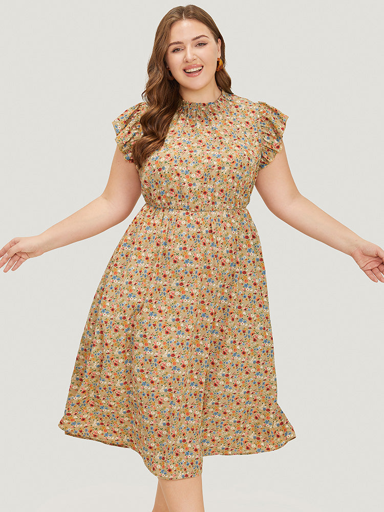 Ditsy Floral Ruffle Sleeve Pocket Frill Trim Mock Neck Dress