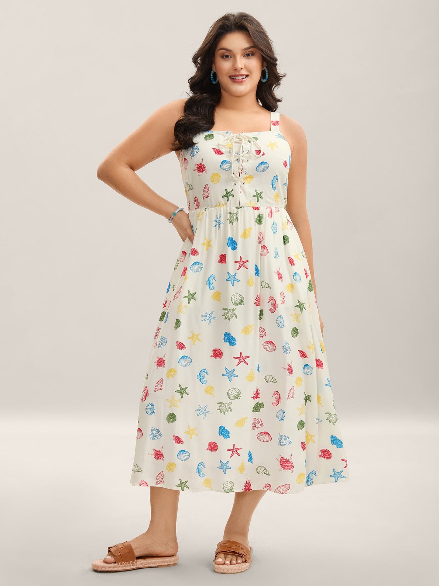 Ocean Print Adjustable Straps Pockets Midi Dress