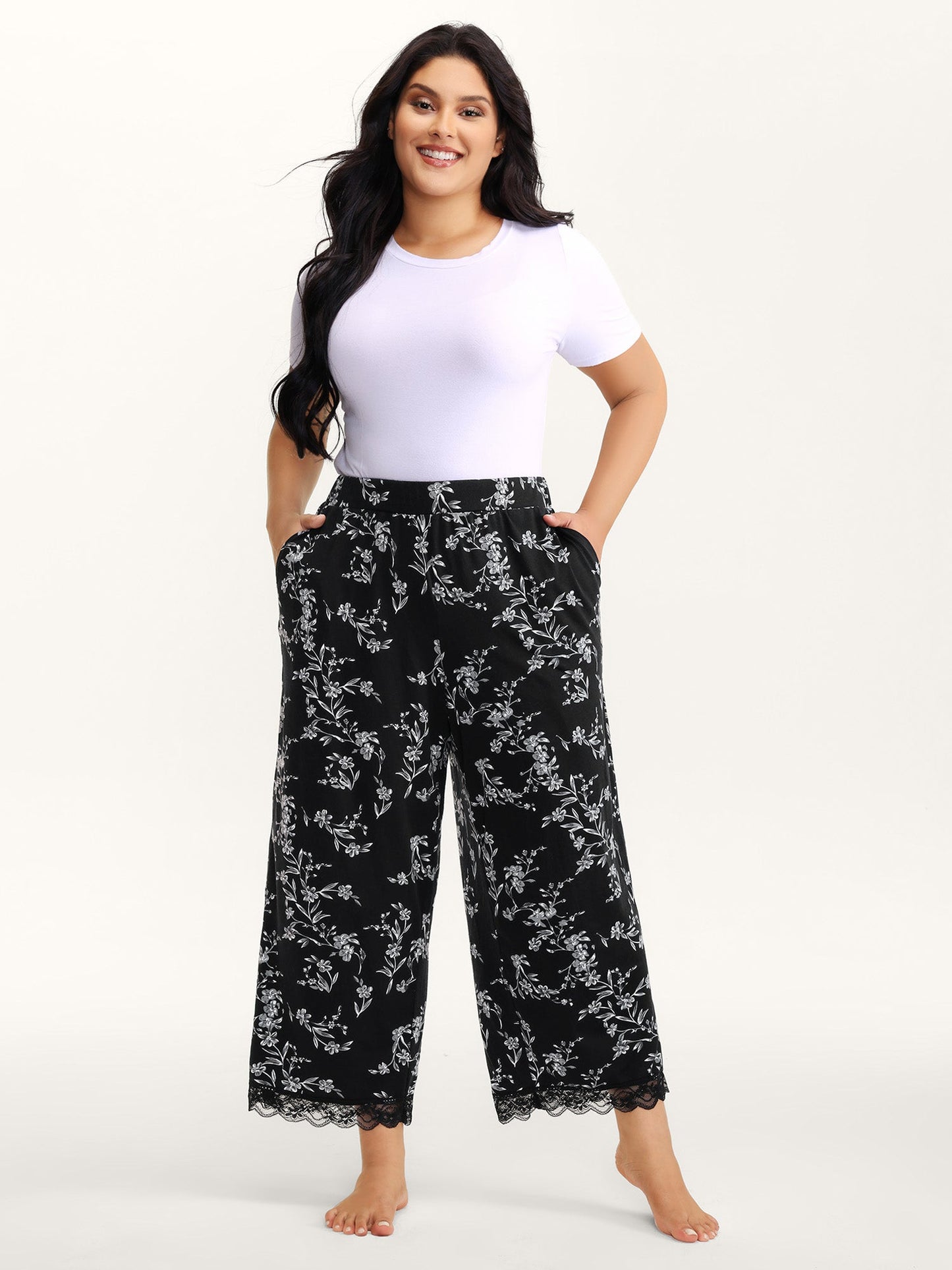 Romantic Floral Print Lace Lounge Bottoms