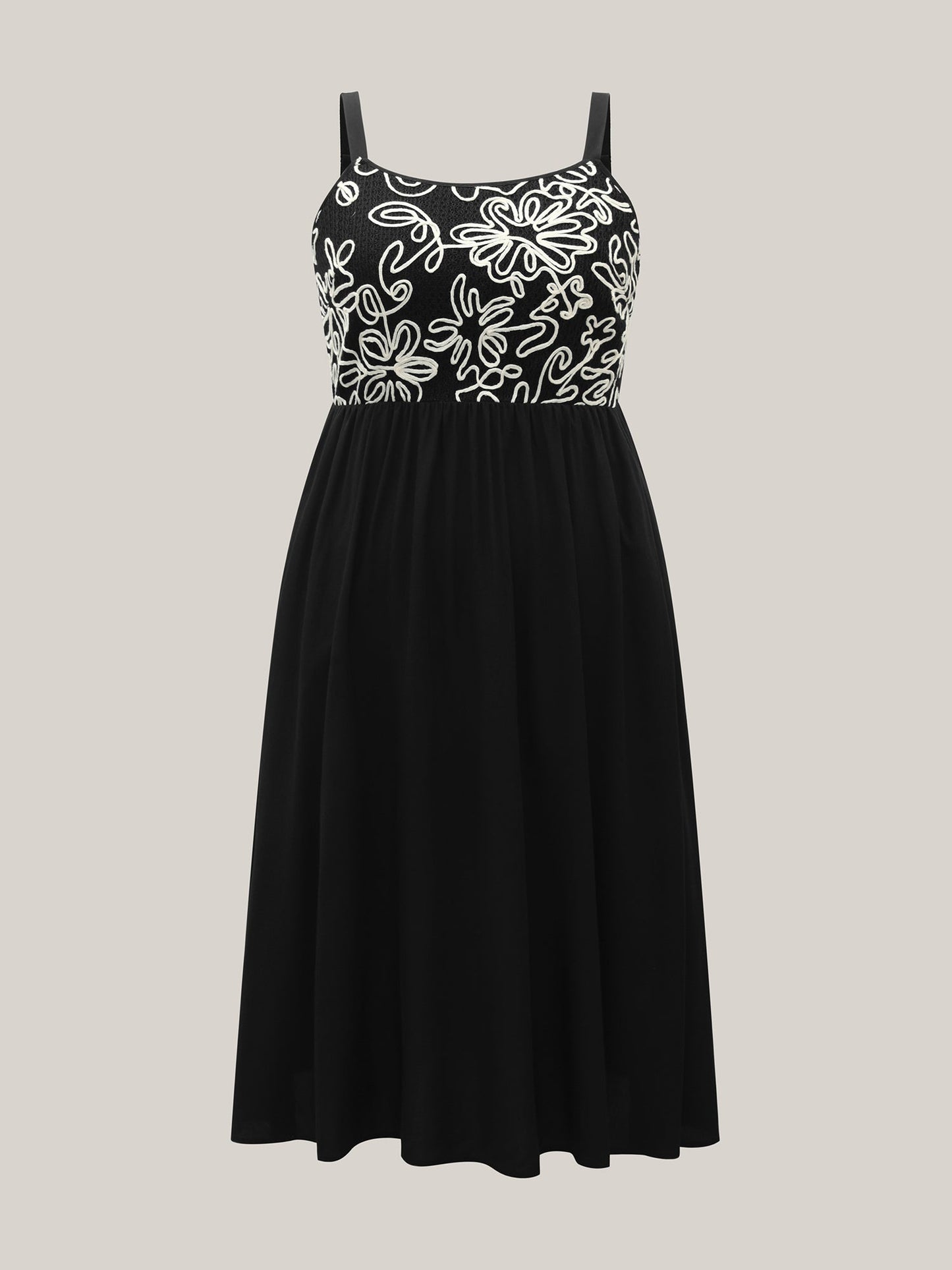 Floral Embroidered Pockets Spliced Midi Dress
