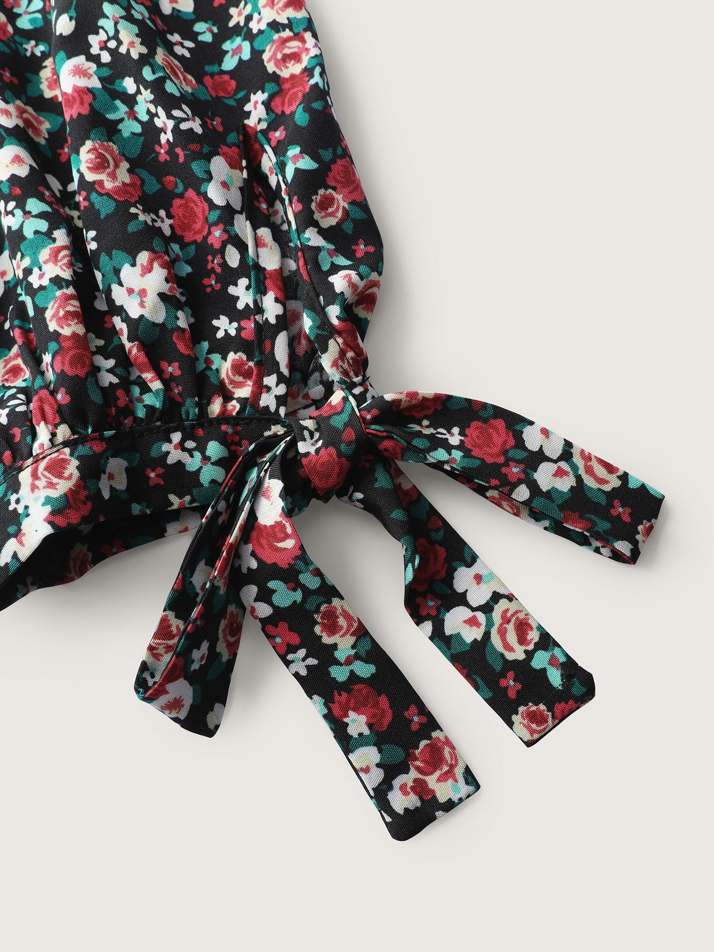 Floral Print Shirred Sleeve Tie Blouse