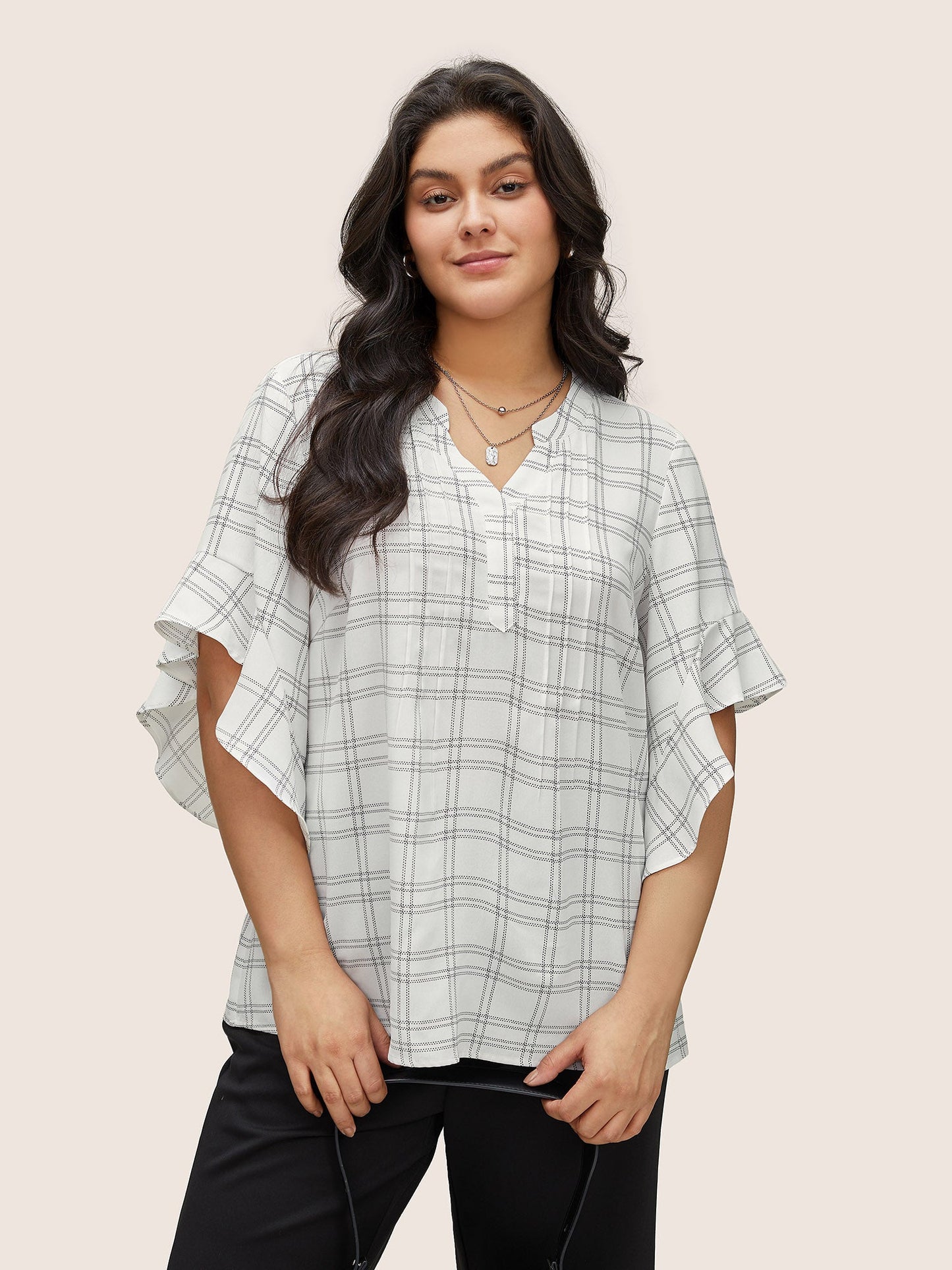 Plaid Notched Patchwork Ruffle Sleeve Blouse