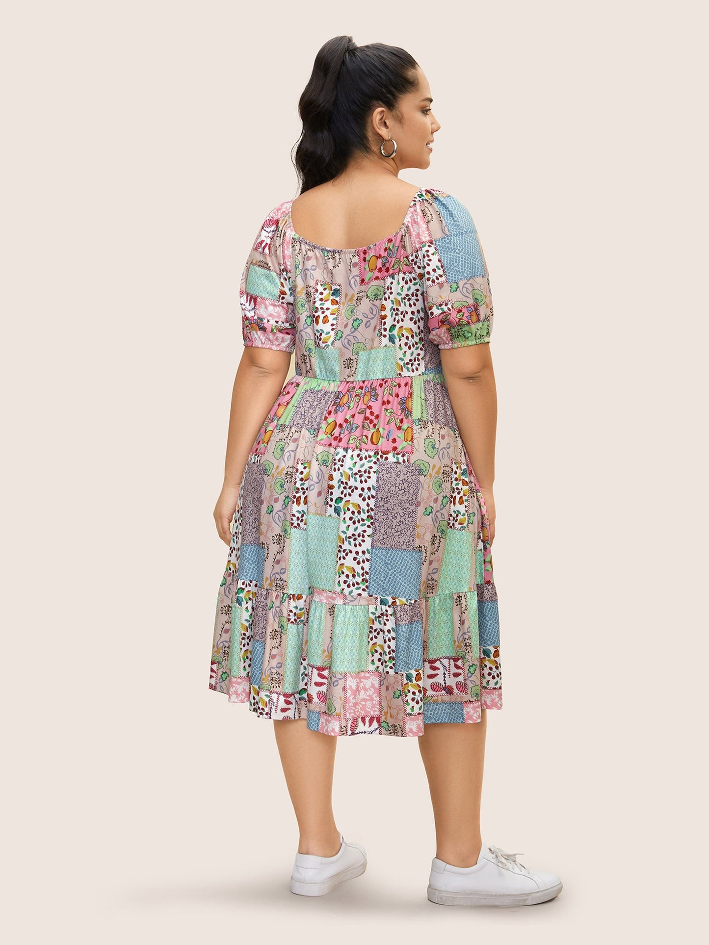 Patchwork Boho Print Raglan Sleeve Midi Dress