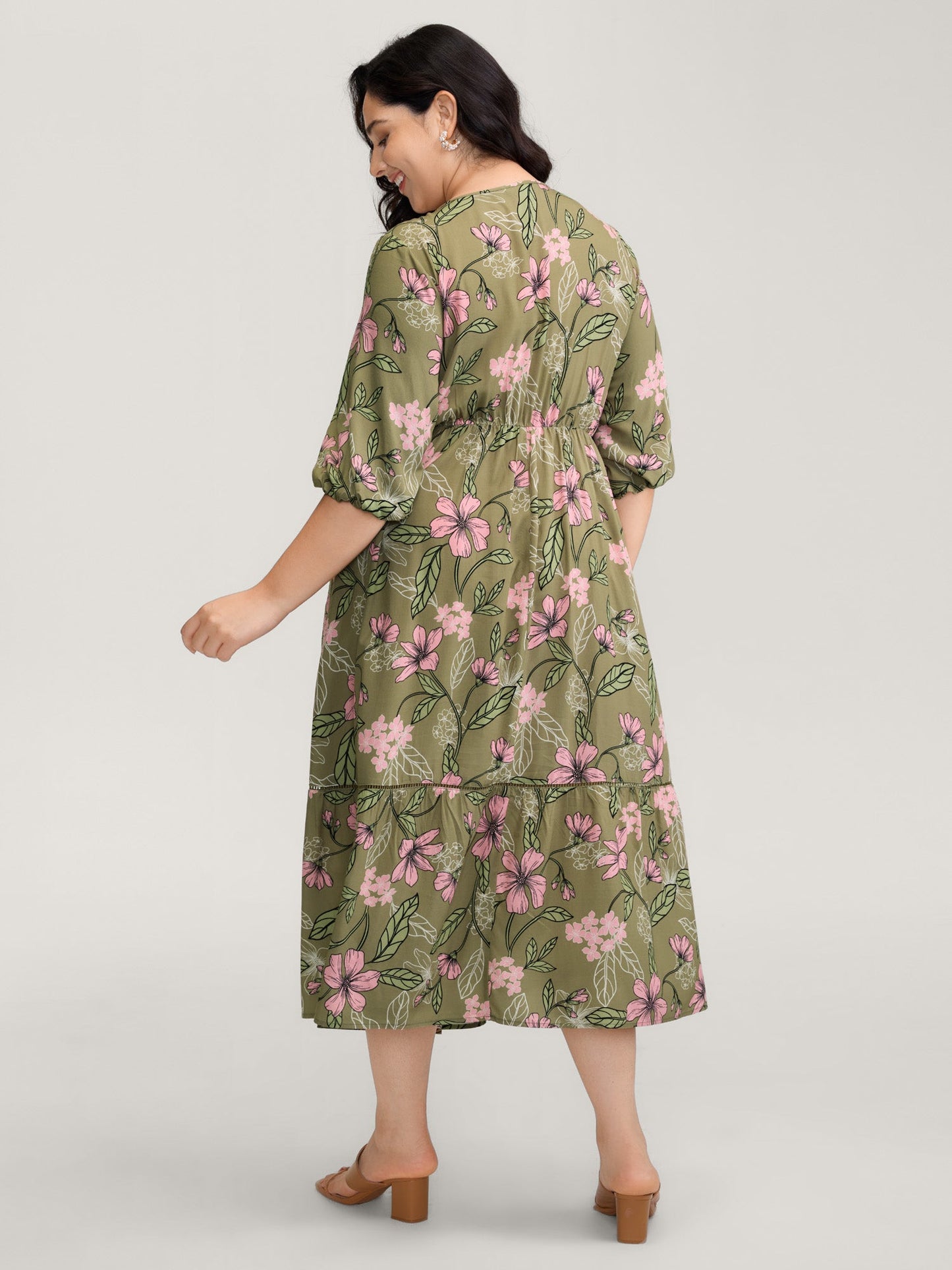 Garden Print Ruched V-Neck Maxi Dress