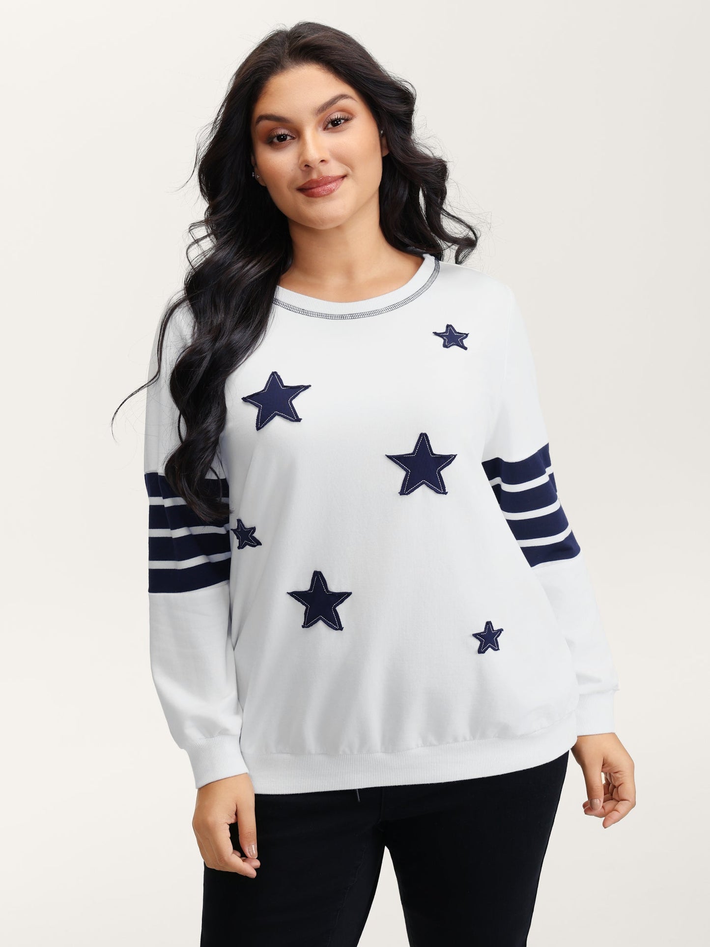 Star-Stripes Applique Stretchy Hem Sweatshirt