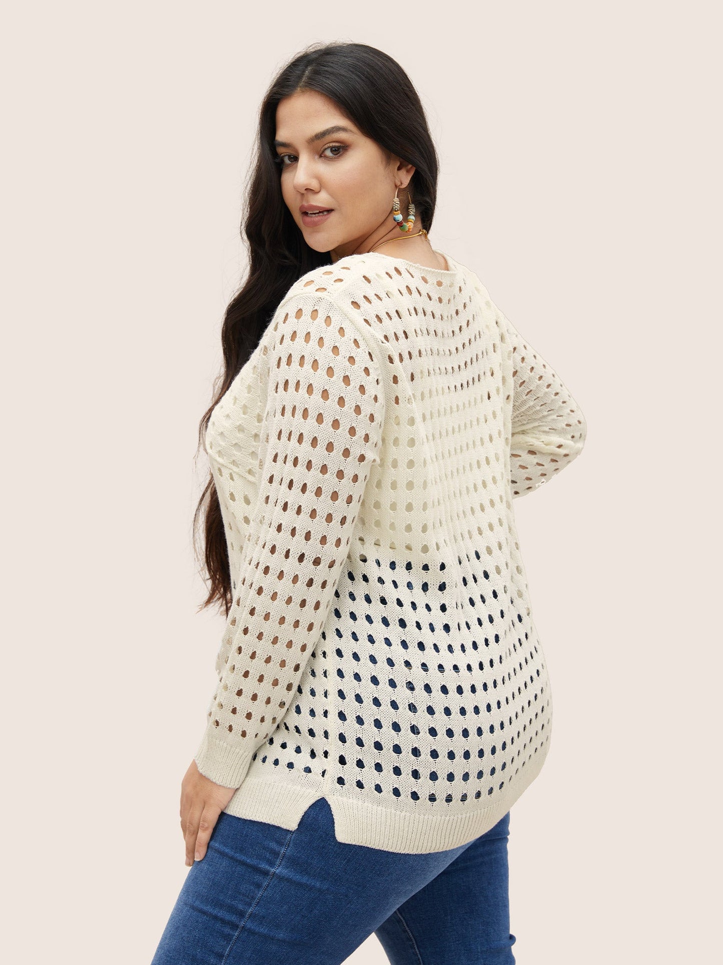 Twist Front Pointelle Knit Split Hem Pullover