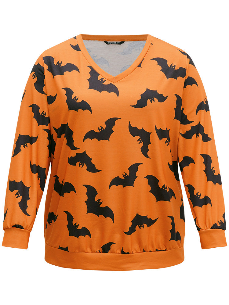 Halloween Bat Print V Neck Sweatshirt