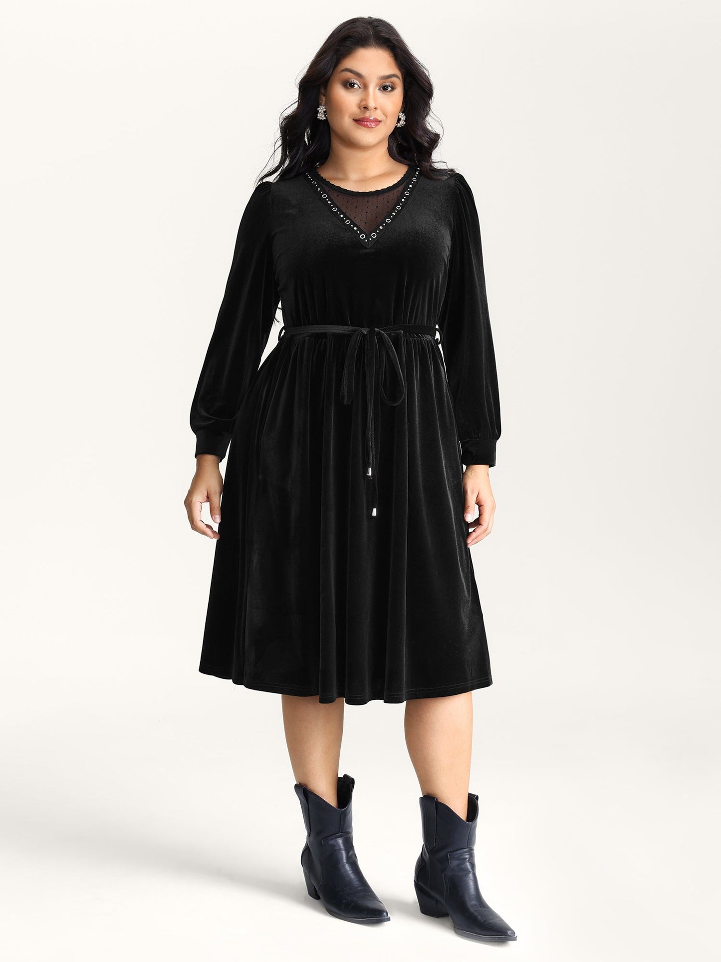 Velvet Sheer Neckline Belted Waist Maxi Dress