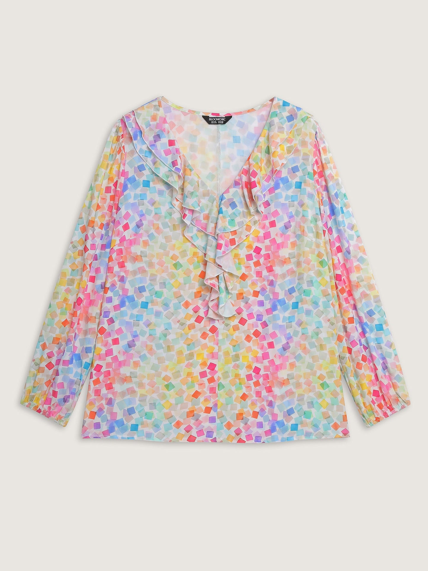 Ruffled Neckline Colorful Geometric Rayon Blouse
