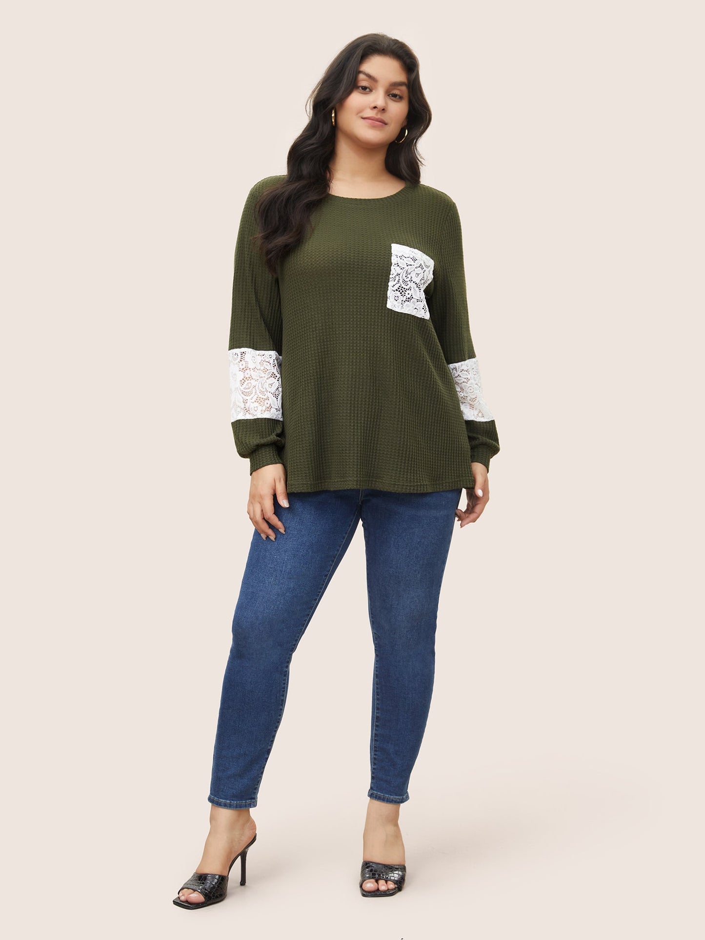 Waffle Knit Contrast Lace Patchwork T-shirt