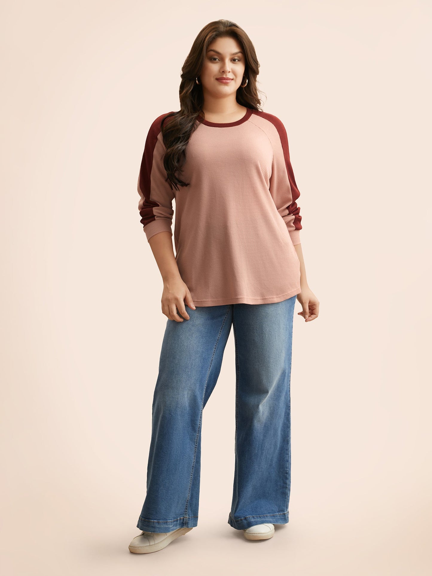 Waffle Knit Contrast Patchwork T-shirt