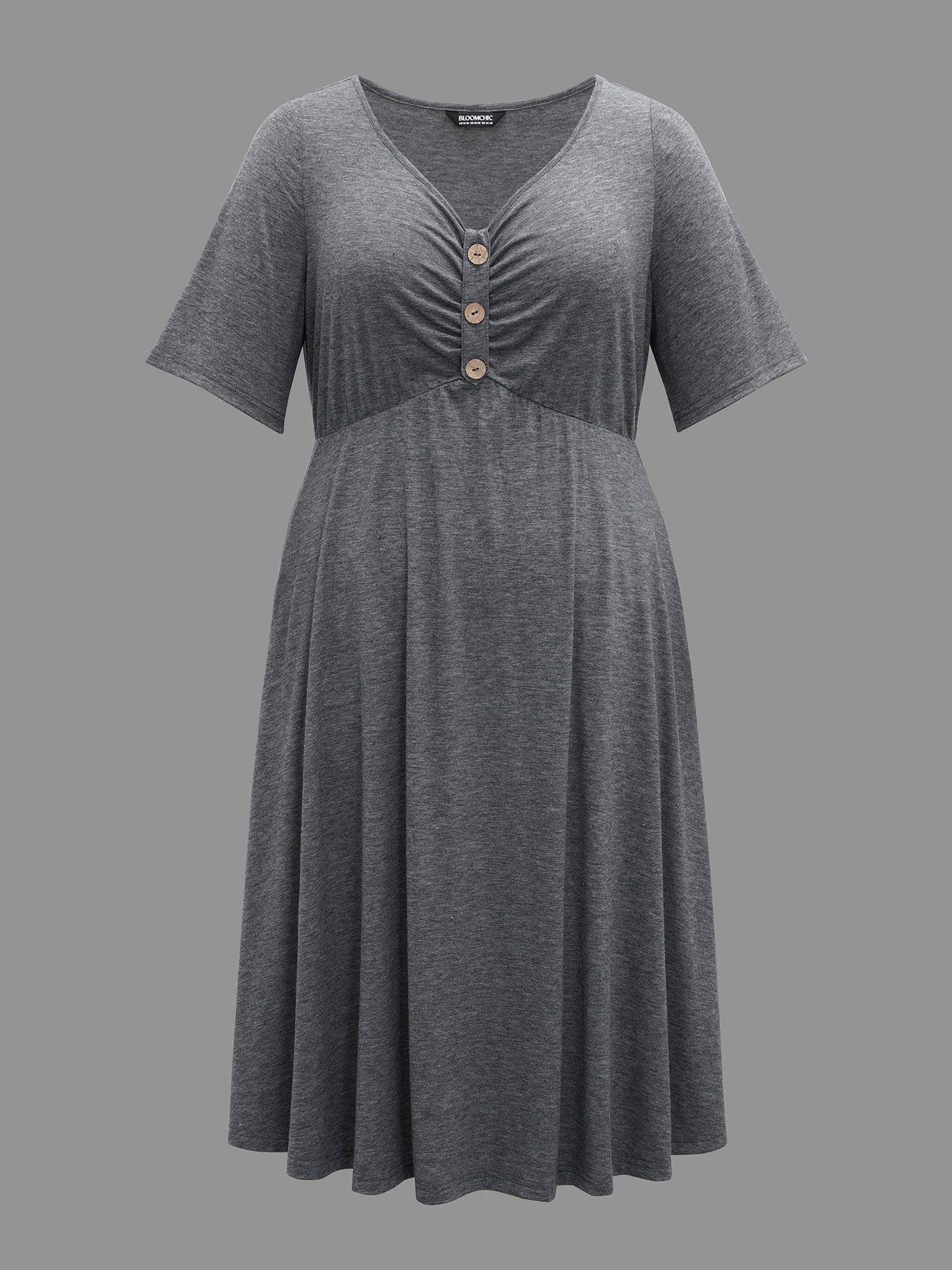 Gathered Button Detail Plain Knit Dress