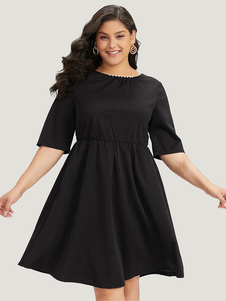 Plain Pocket Pearl Beaded Detail Gathered Dress