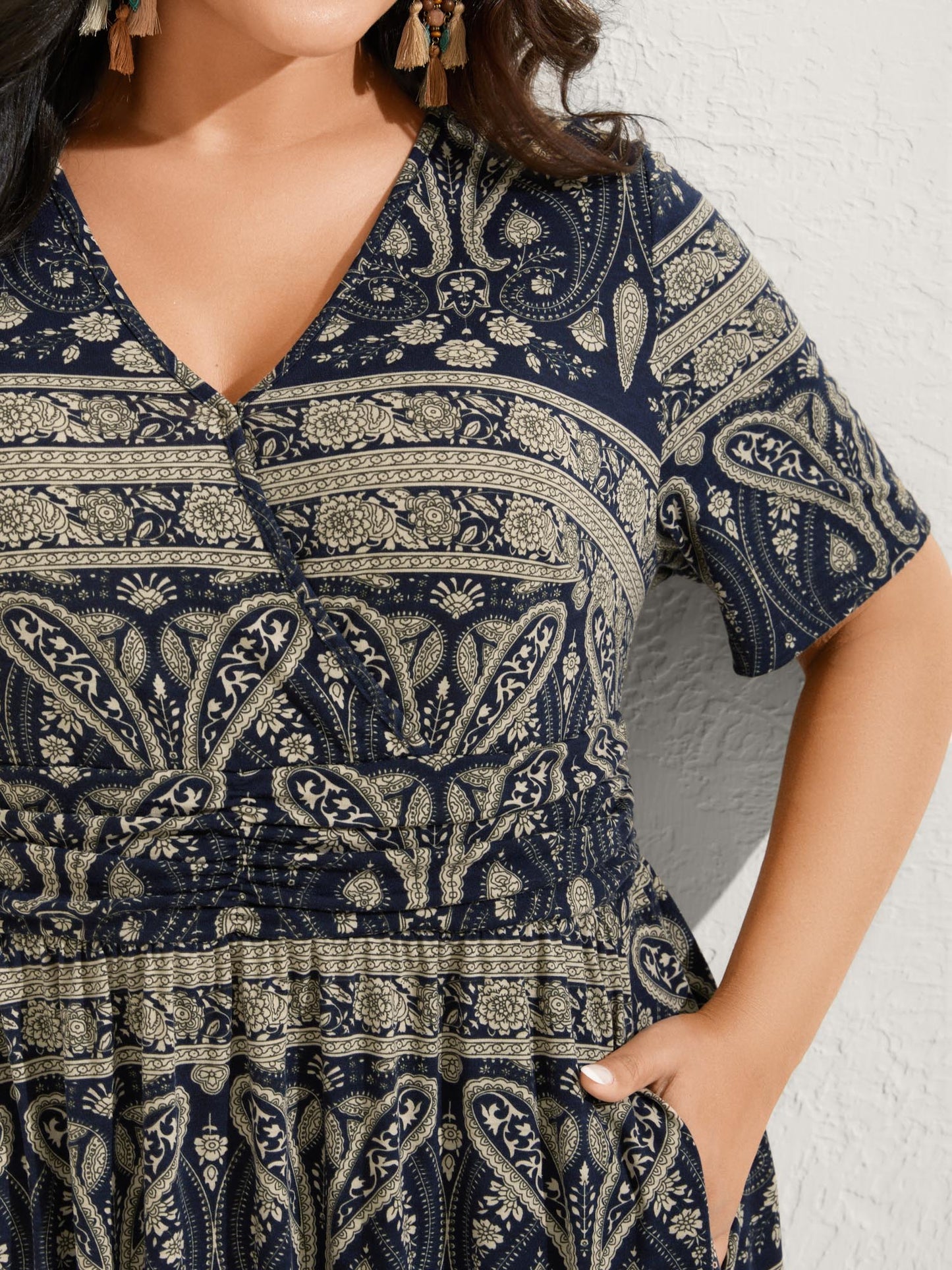 Paisley Stripe Print Pleated Waist Midi Dress