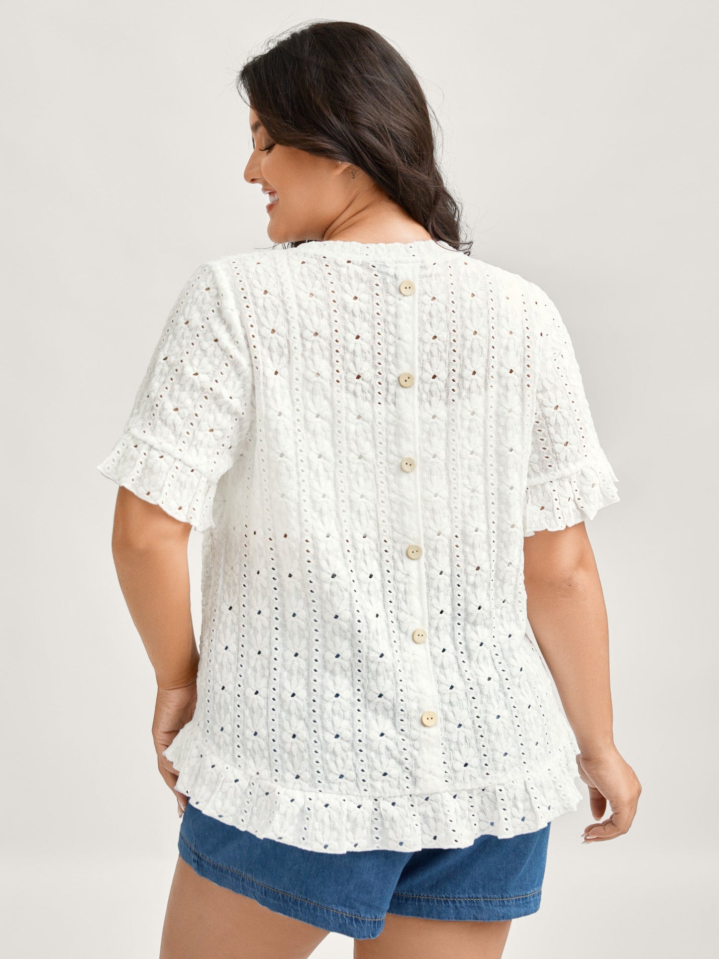 Floral Eyelet Trim Ruffled Hem Top