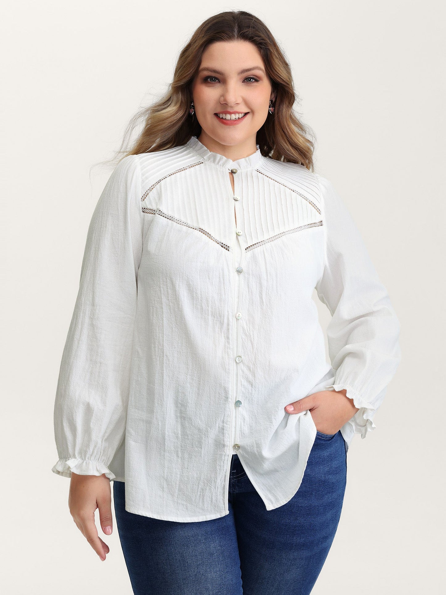 Pure Cotton Lace Trim Button Blouse