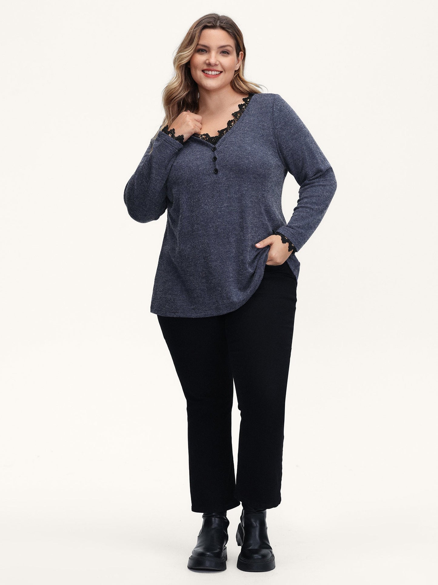 Lace V-Neckline Solid T-Shirt