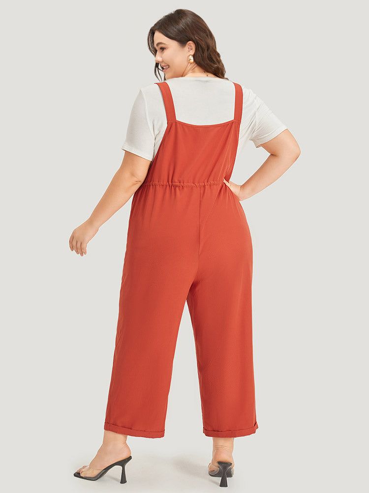 Plain Button Up Pocket Roll Hem Drawstring Jumpsuit