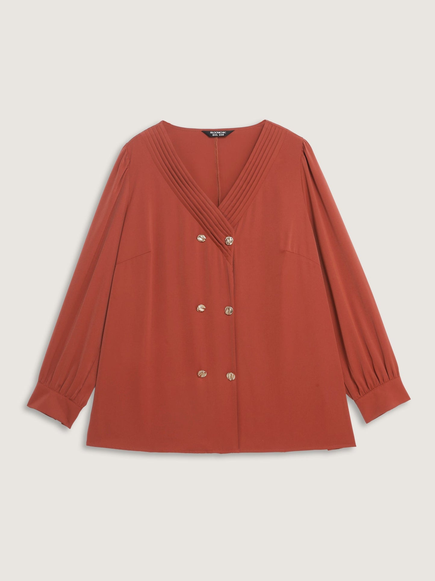Pleated Neckline Metallic Buttons Blouse