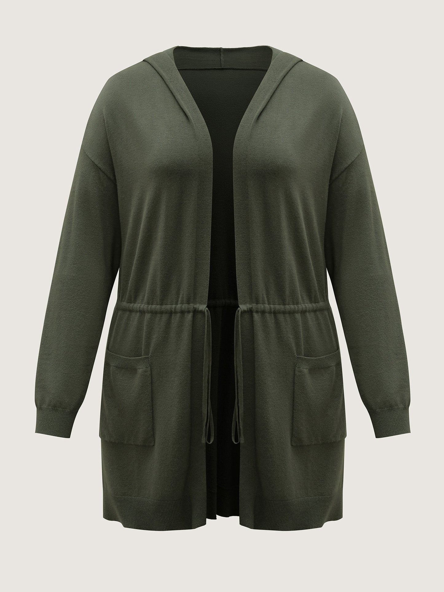 Hooded Drawstring Waist Pockets Knit Cardigan