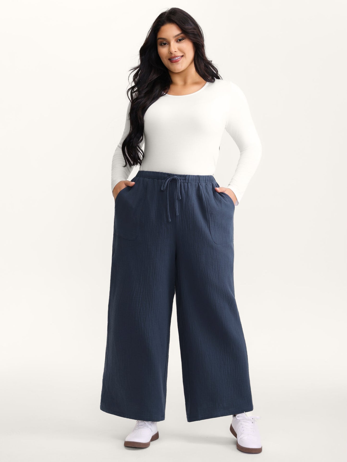 Cotton Textured Waist Drawstring Straight-Leg Pants