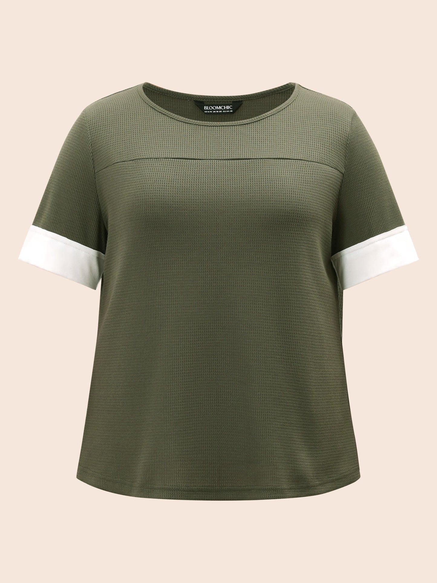 Crew Neck Waffle Knit Patchwork Contrast T-shirt