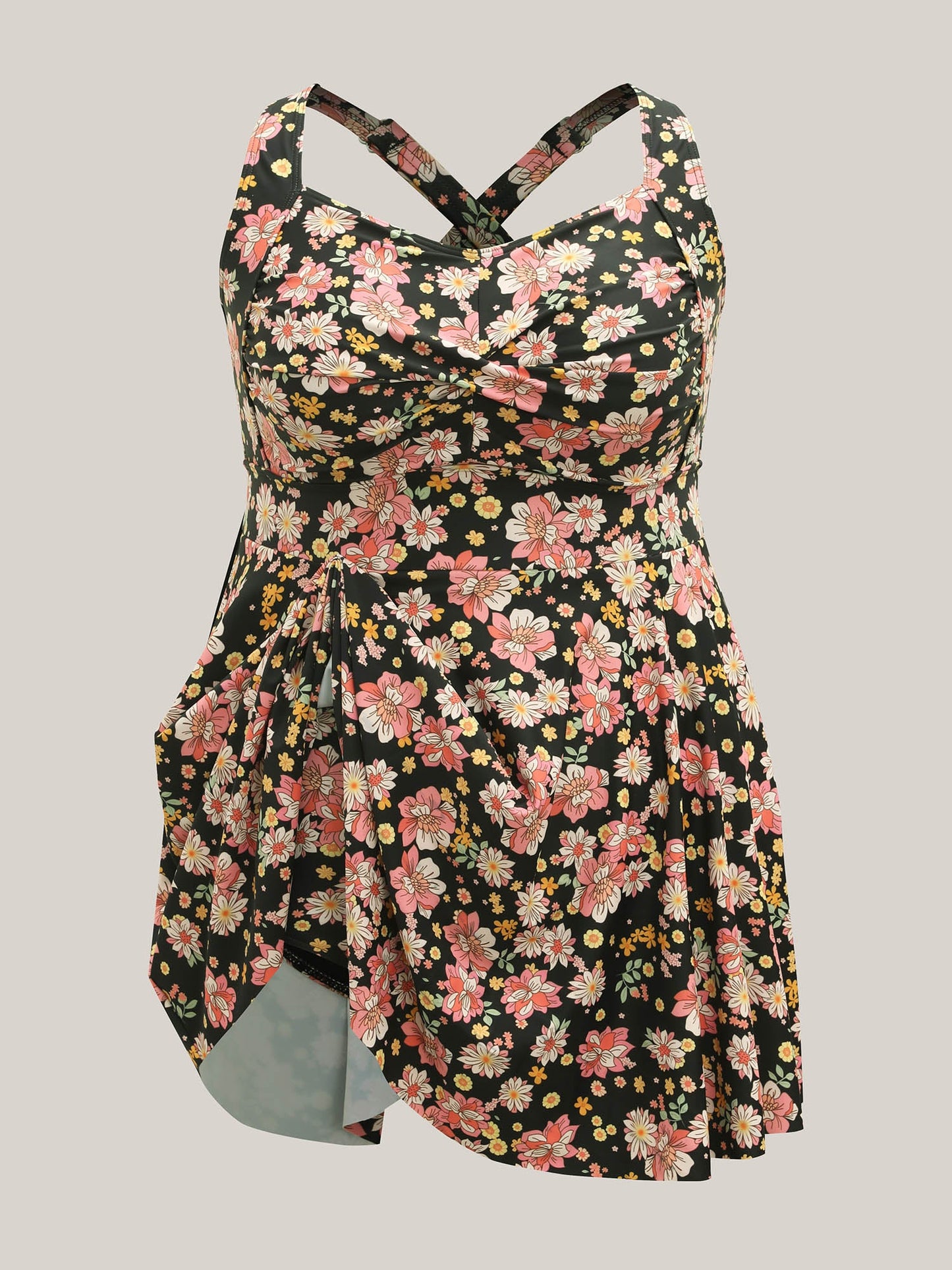 Twist Front Floral Print Pockets Swim Dress