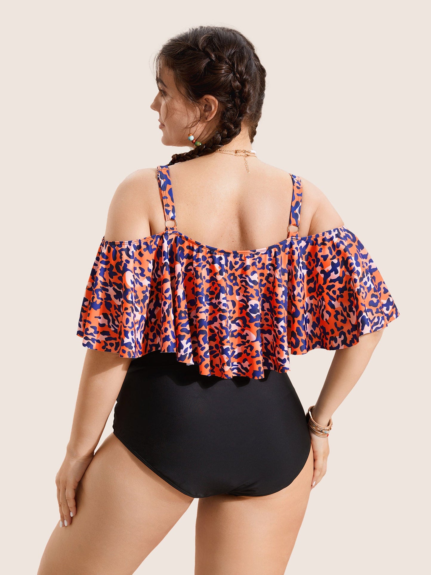 Leopard Patchwork Cold Shoulder One Piece Swimsuit