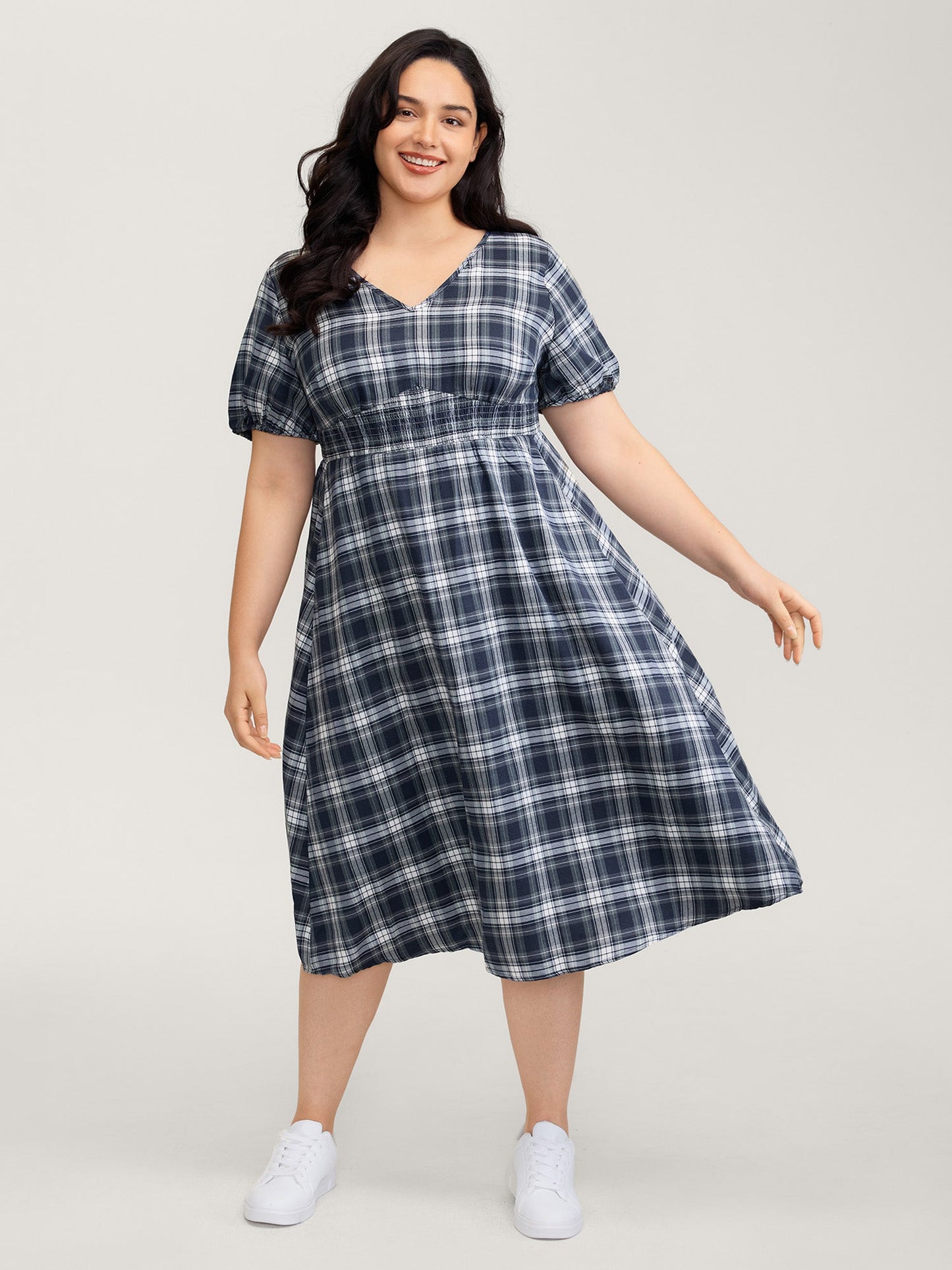 Plaid Print Back Bowknots Contrast Midi Dress