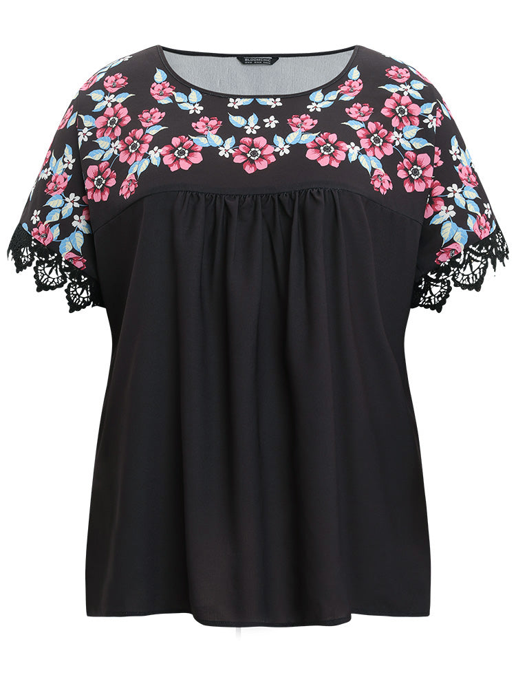 Floral Print Patchwork Lace Trim Gathered Blouse