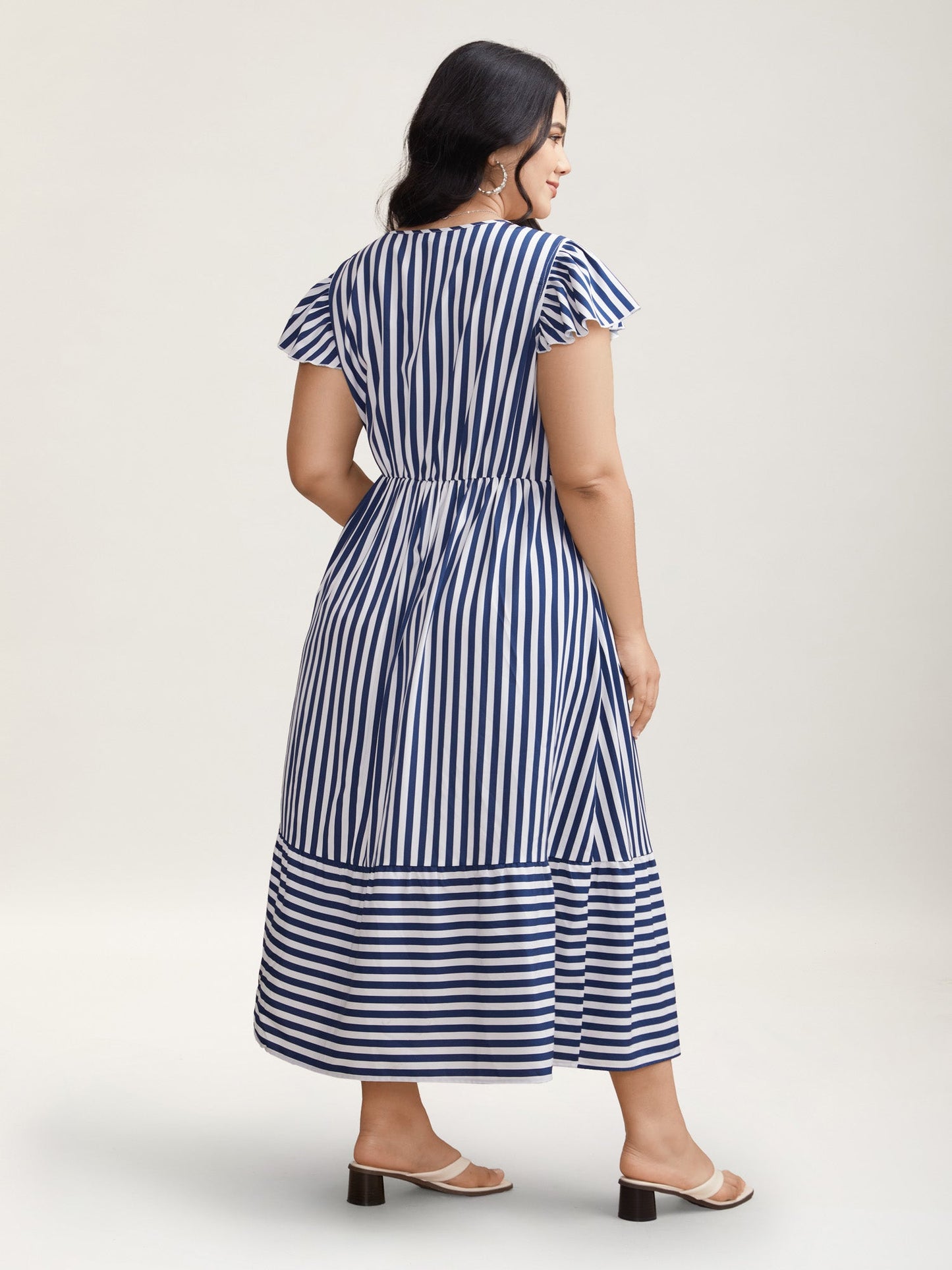 Nautical Stripes Stretchy Waist Tiered Midi Dress