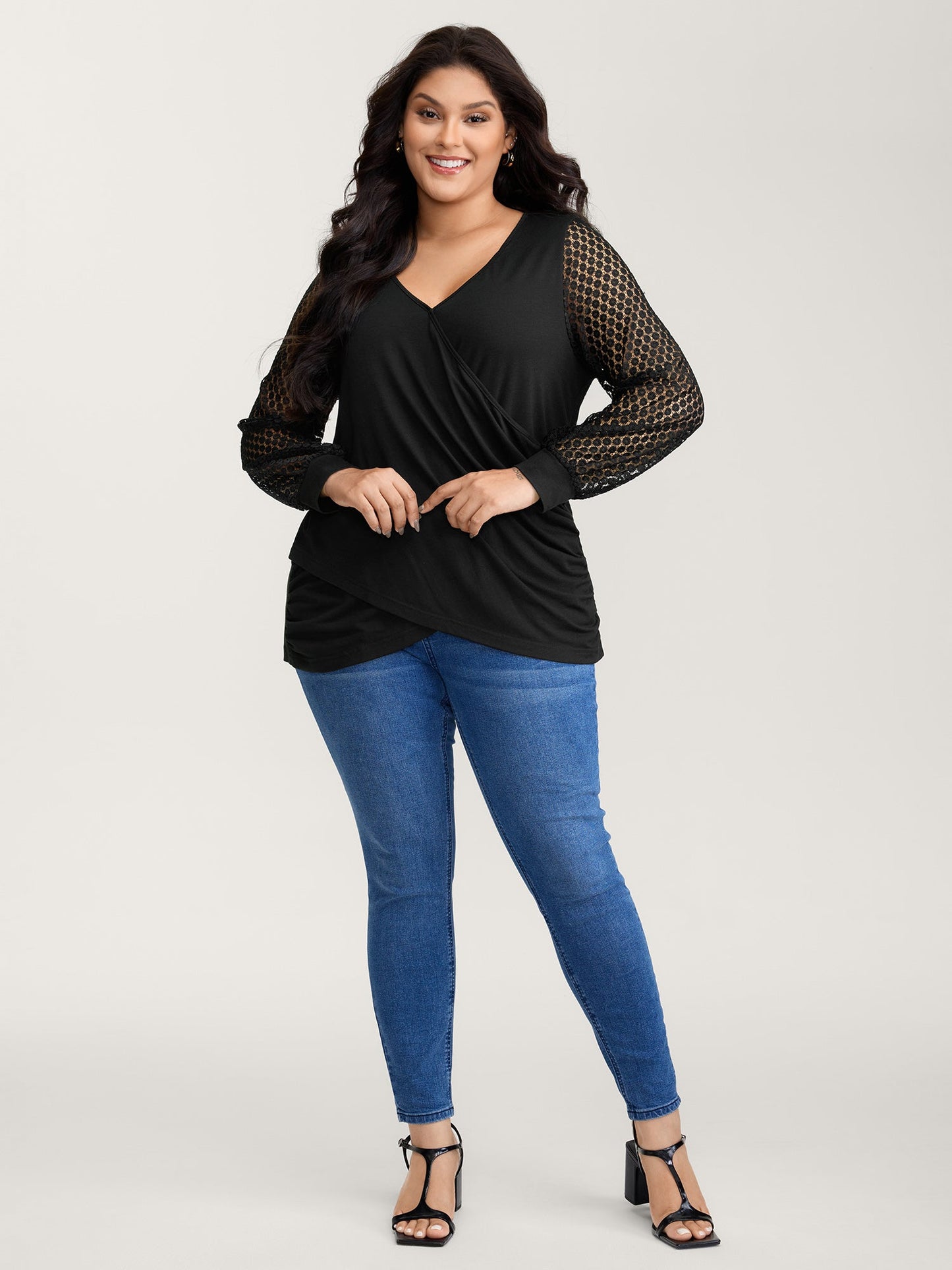 Crossover Draped Lace Sheer Sleeve Knit Top