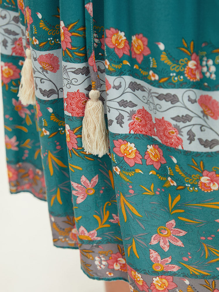 Bandana Print Ruffle Sleeve Pocket Tie Neck Tassels Dress