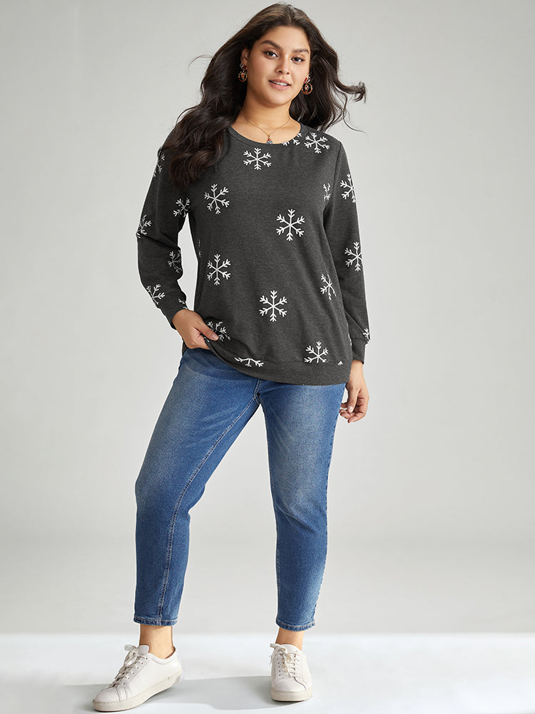 Snowflake Print Round Neck Sweatshirt