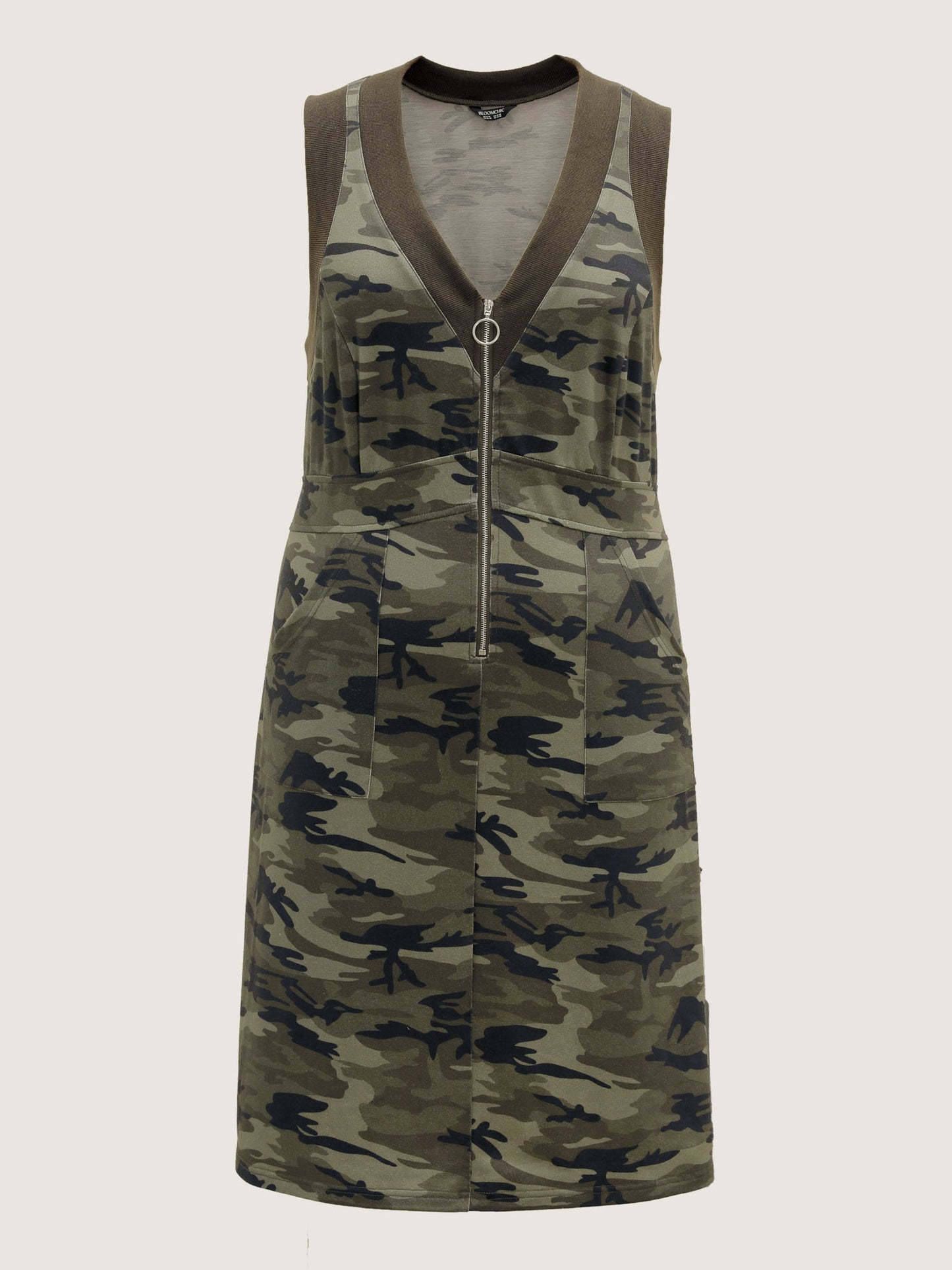 Camouflage Print Zipper Front Pockets Midi Dress