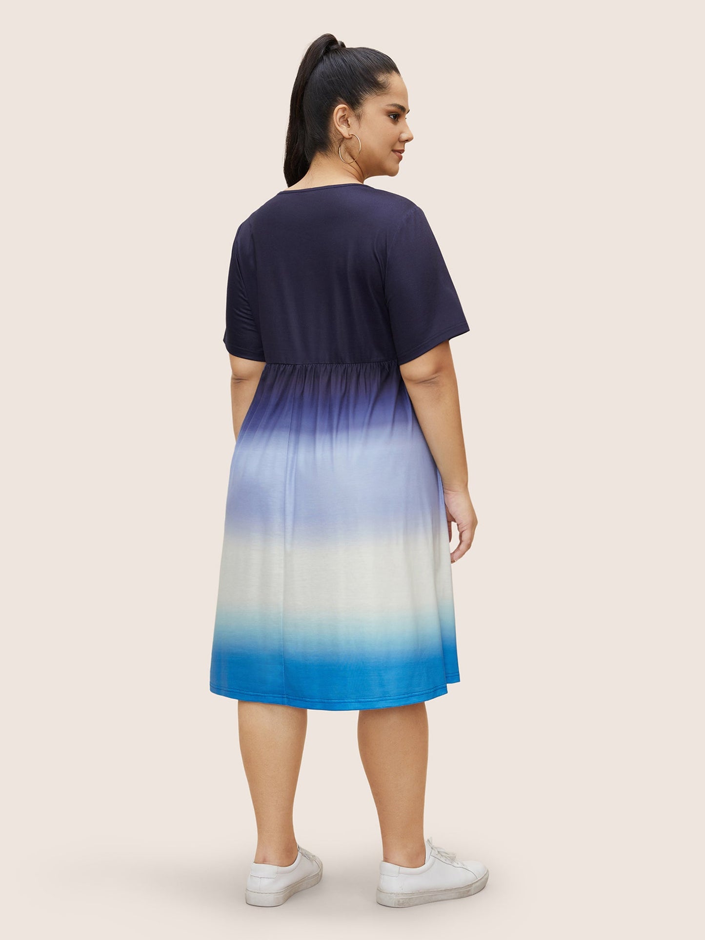 Ombre Tie Dye Round Neck Gathered Dress