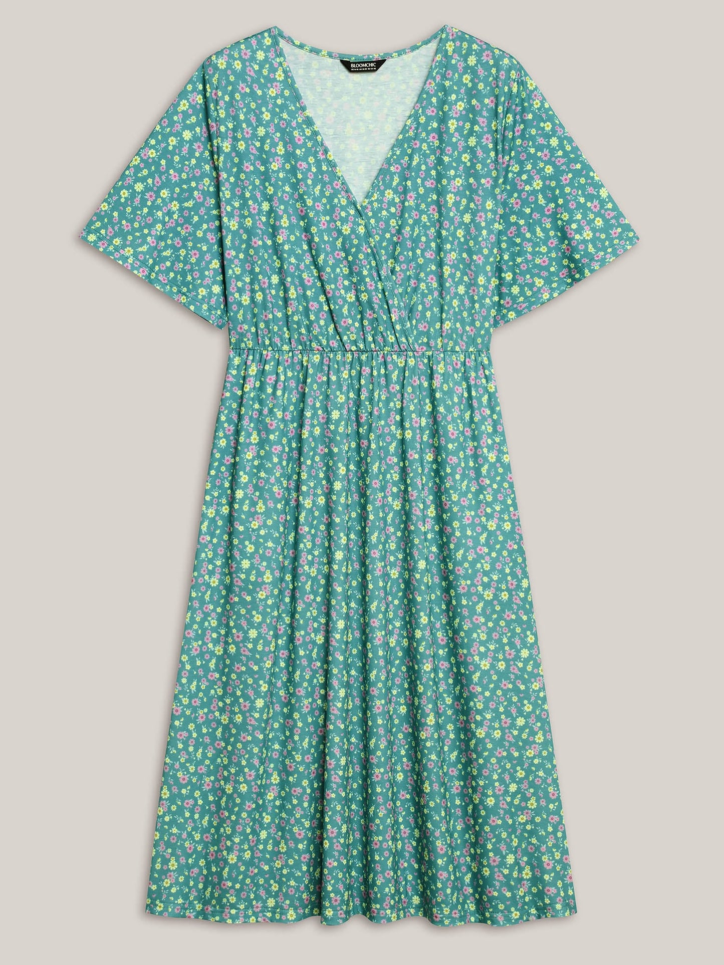 Floral Print Surplice Neck Midi Dress