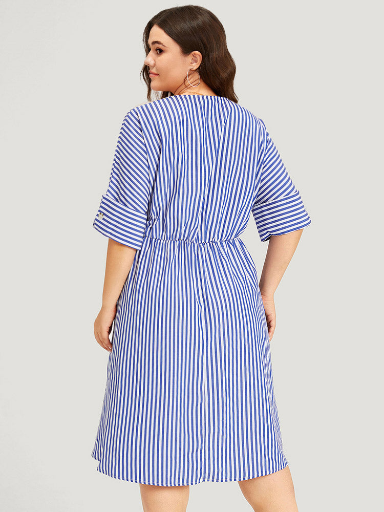 V Neck Striped Pocket Ruffle Hem Button Detail Dress