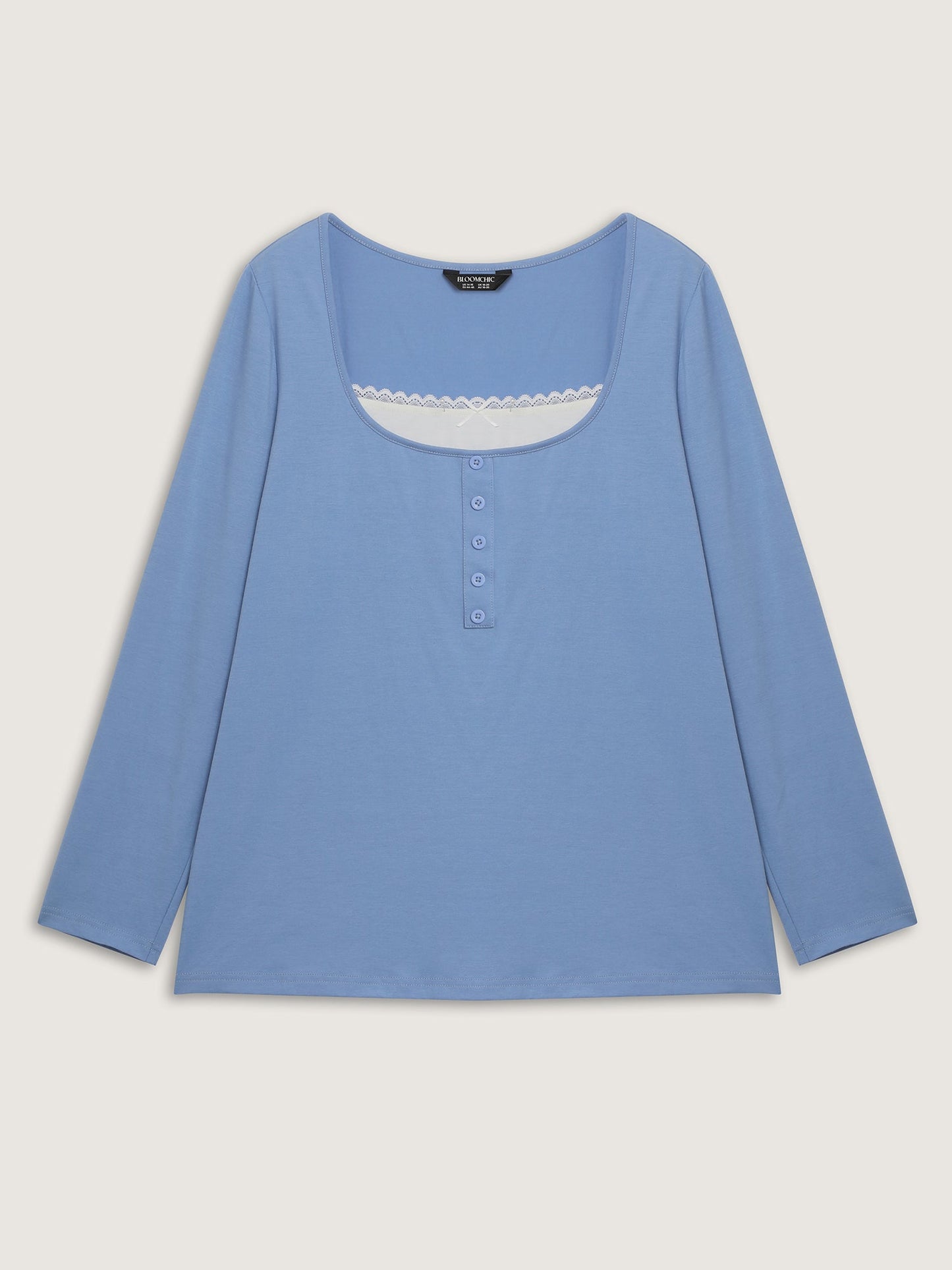 Button Placket Lace Scoop Neck T-Shirt