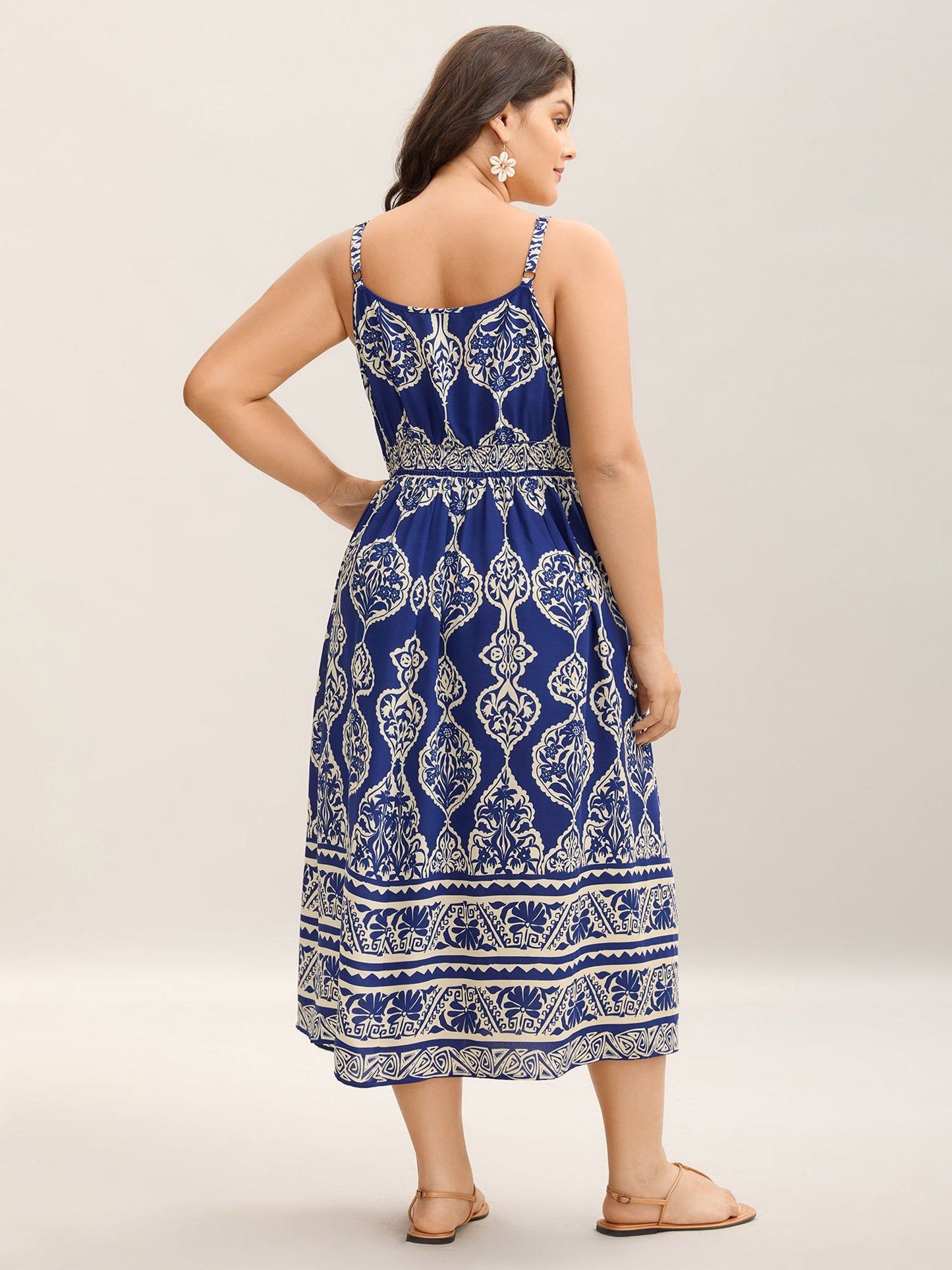 Boho Print Shirred Pockets Midi Dress