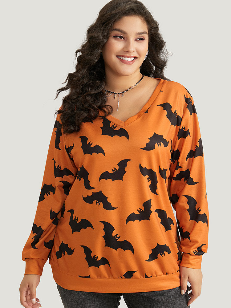 Halloween Bat Print V Neck Sweatshirt