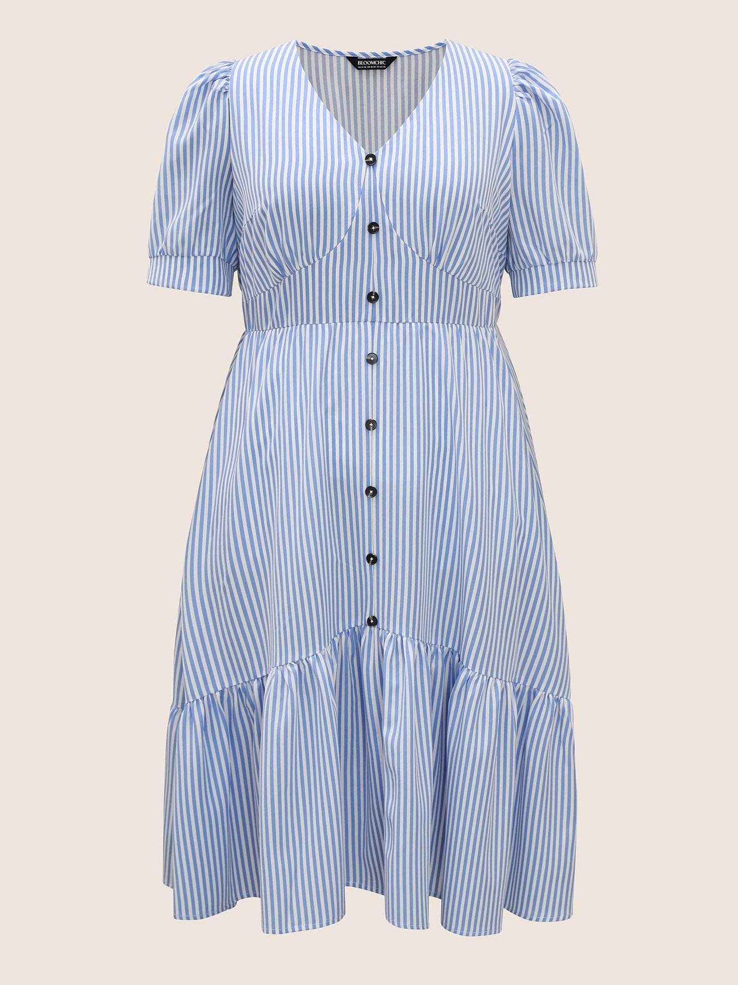 Striped Puff Sleeve Button Detail Midi Dress