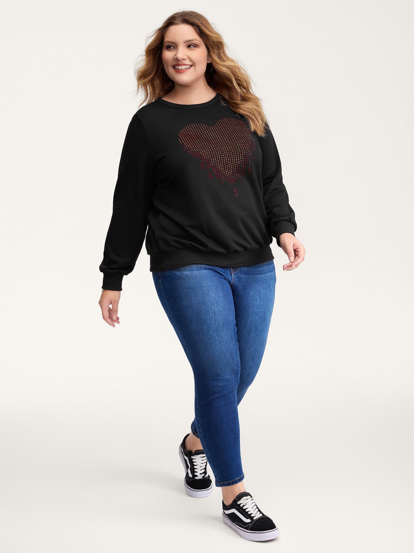 Heart Motif Rhinestones Round Neck Sweatshirt