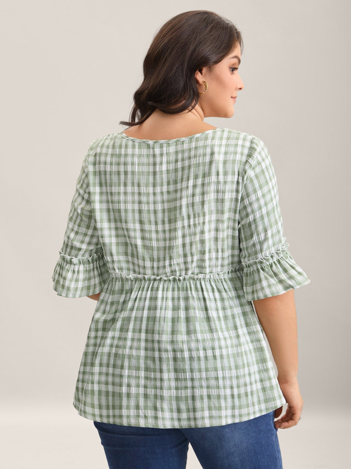 Plaid Pattern Ruffled Sleeve Babydoll Top