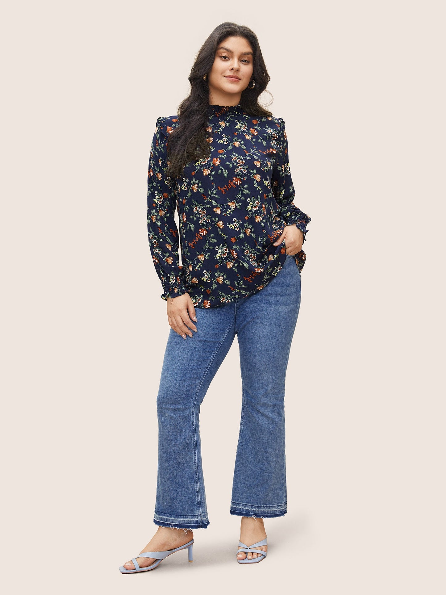 Floral Lantern Sleeve Shirred Mock Neck Blouse