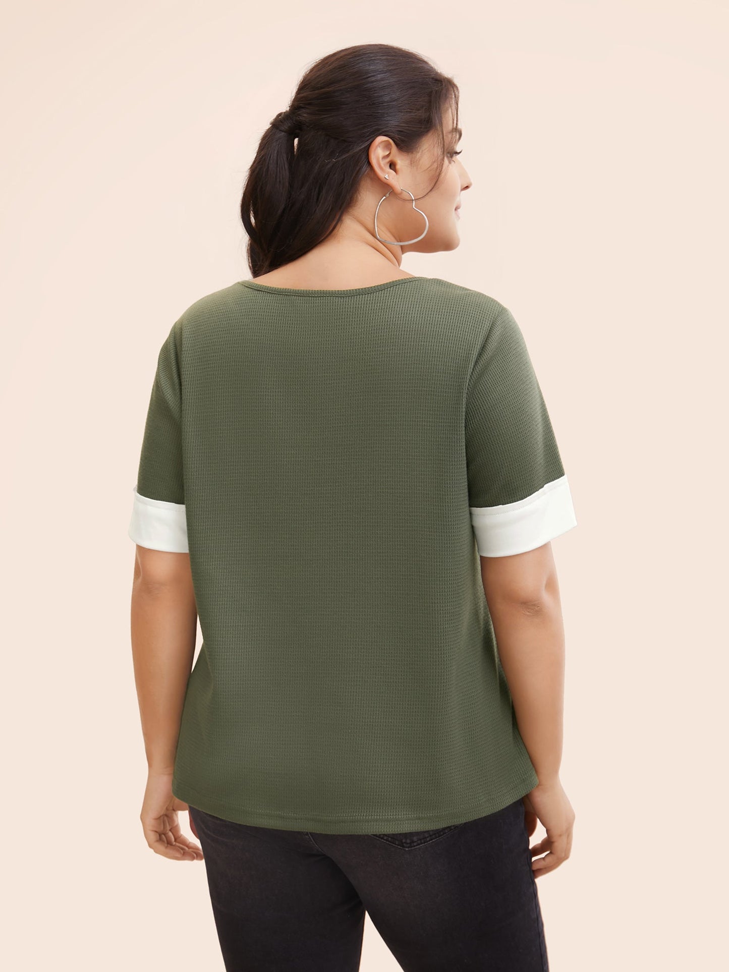Crew Neck Waffle Knit Patchwork Contrast T-shirt