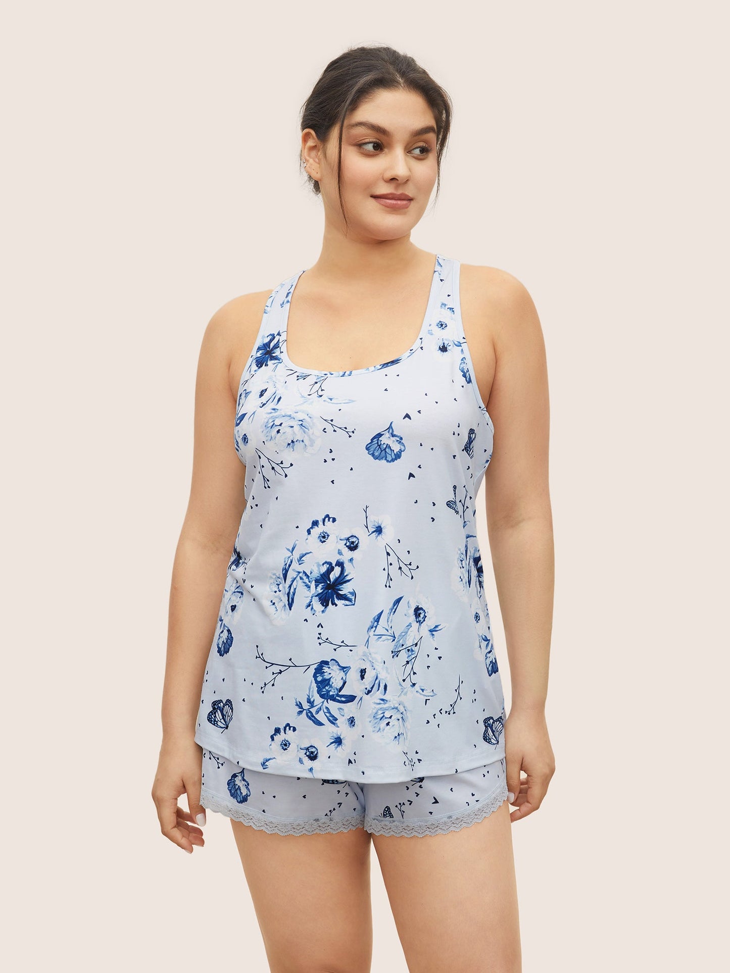 Floral Print Lace Patchwork Pajama Sets